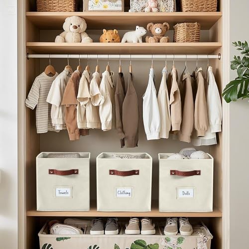 DECOMOMO Fabric Storage Bins - 10.5" x 11" Cube Bins with Labels (2pcs, Beige)