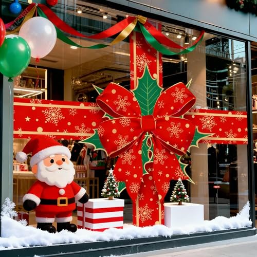 Funrous Christmas Bow Window Clings - Extra Large Red Snowflake Holiday Decor