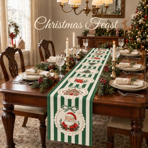 Green Stripe Candy Cane Poinsettia Christmas Table Runner 13 x 108 Inch Holiday Decor