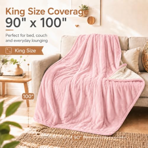 Electric Heated Blanket King Light Pink Coral Fleece & Sherpa 90x100 in - Dual-Sided Comfort