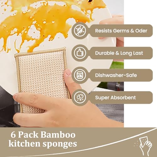 Eco-Friendly Bamboo Dish Sponges - 6 Pack for Kitchen Cleaning