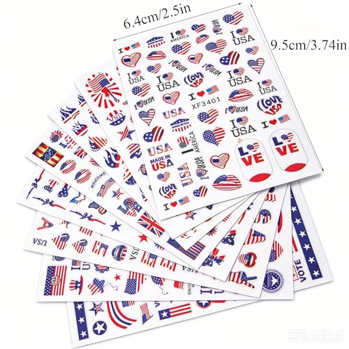 Nudurom 8 Sheets 4th of July Patriotic Nail Stickers 3D USA Decals