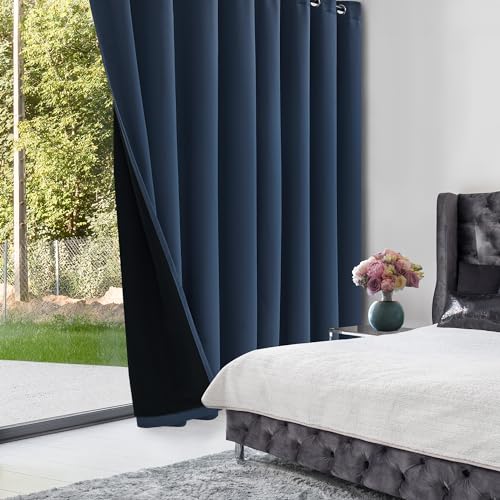 Deconovo 100% Blackout Curtains with Black Liner, Thermal Insulated Noise?Reducing Grommet Drapes, Double?Layer Room Darkening for Bedroom, Nursery, Home Office,1 Panels,Navy,100W x 108L