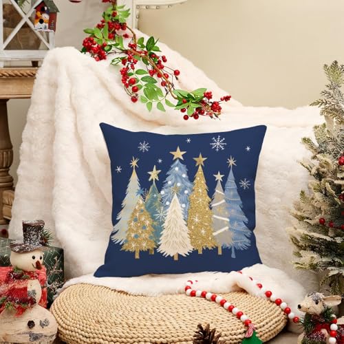 Christmas Watercolor Tree Pillow Cover 20x20 Inch Holiday Sofa Decor Blue