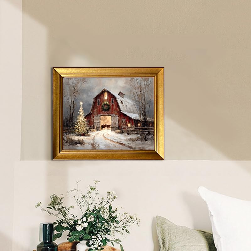 Vintage Christmas Wall Art Canvas Print - Red Barn Snow Scene, Framed 16x12 Inches