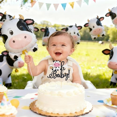 Cow Theme 'Oh Baby!' Cake Topper - Black Glitter Baby Shower Decoration