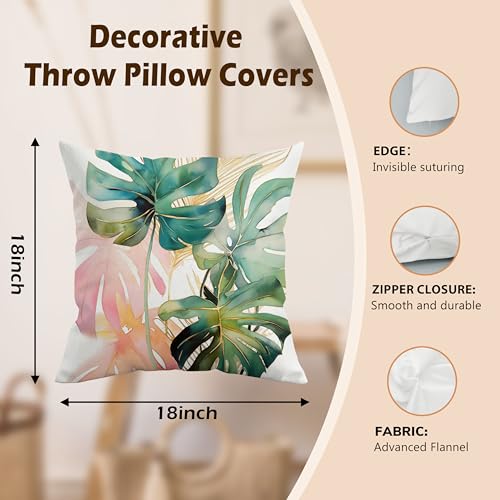 Tropical Monstera Leaf Throw Pillow Cover 18x18 - Boho Plant Design