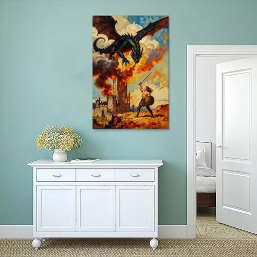 Vintage Warriors vs Dragons Canvas Wall Art - 12x18 Inch