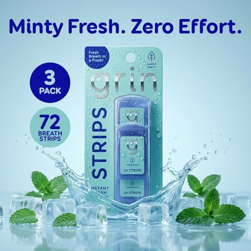GRIN Super Minty Breath Strips - Sugar-Free Instant Dissolving Mint Freshener, 72 Count