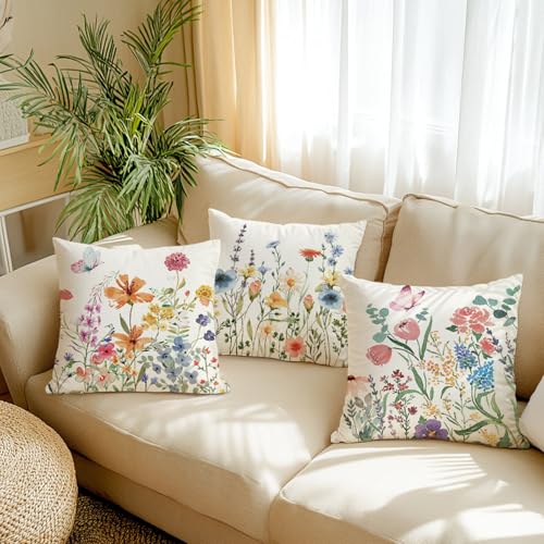 Spring Farmhouse Throw Pillow Covers 18x18, Set of 4 (Spring 02)