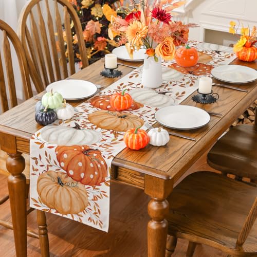 Fall Table Runner with Pumpkin Eucalyptus Design - 13x72 Inch Seasonal Decor