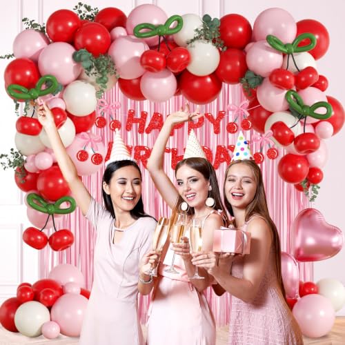 Cherry Birthday Party Decorations with Balloons, Banner & Fringe Curtain