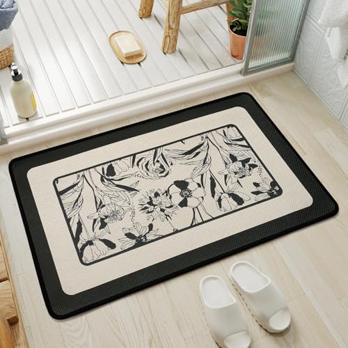 YDKGL Black Flower Bathroom Bath Mat Non Slip 16x24 Inches - Thin & Quick Dry
