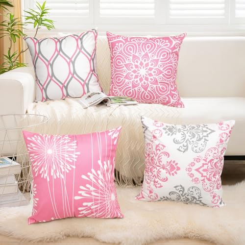 Pink 20x20 Decorative Throw Pillow Covers Set of 4 - Modern Farmhouse Cushion Cases for Sofa & Couch