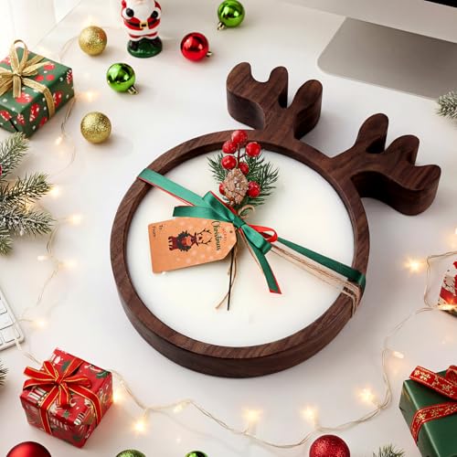 Reindeer Wooden Christmas Bowl Candle Set with Berries & Pine for Holiday Decor
