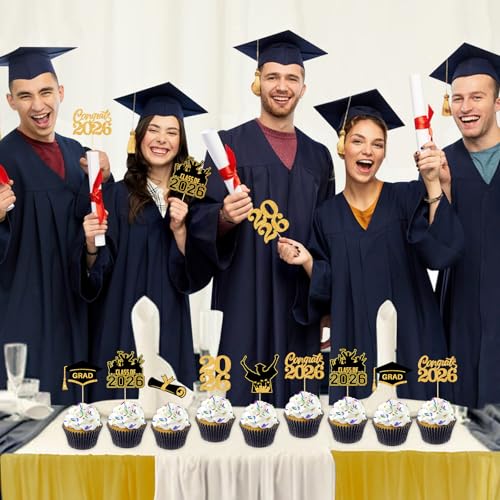 36 Graduation Cupcake Toppers - Black Gold Class of 2026