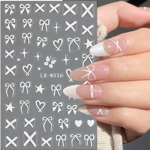 JMEOWIO 8 Sheets Heart Bow Tie Nail Art Stickers Decals Pink