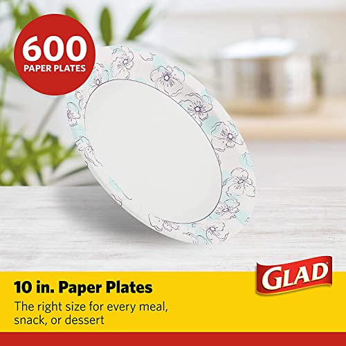 Glad 10-Inch Heavy Duty Paper Plates, Blue Flower Design, 600 Count (12-Pack)