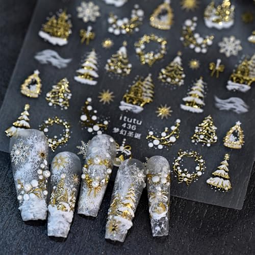 5D Embossed Christmas Nail Art Stickers Self-Adhesive Gold Silver Winter Decals
