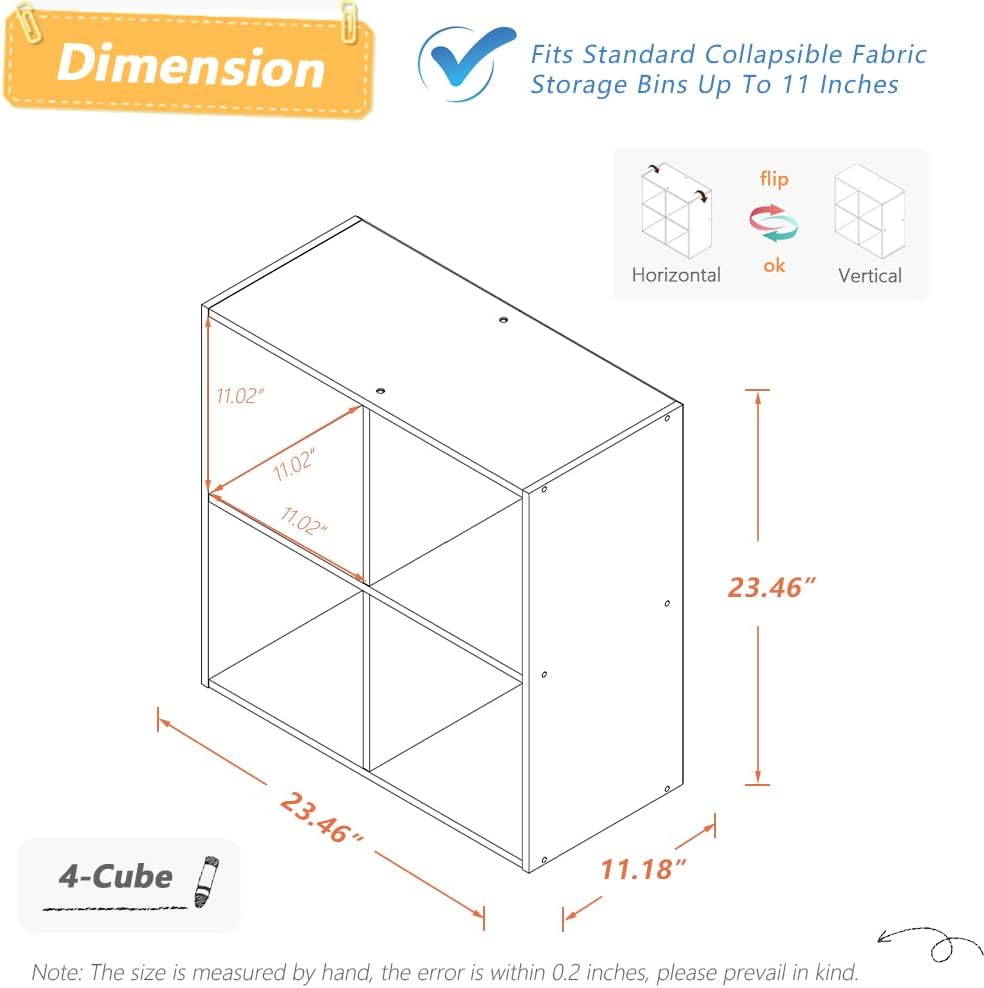 NELYE 4 Cube Organizer Bookcase - Stylish White Fabric Storage Bins with Open Shelves