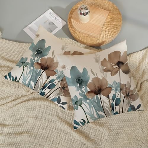 Floral Pillow Covers Set of 2, 16x16 Inch Linen - Blue Brown