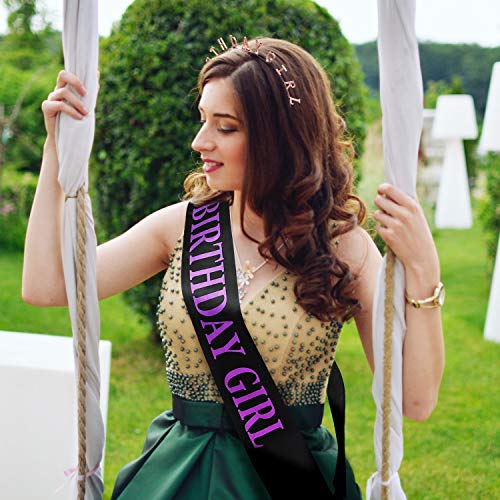 Zonon Rose Gold Birthday Tiara Crown and Satin Sash Party Set