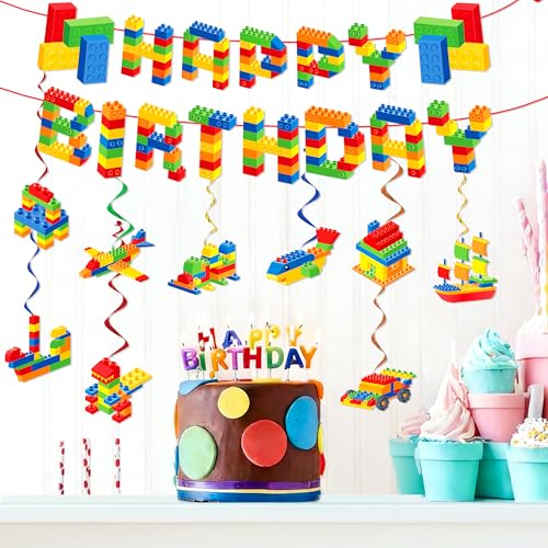 Building Block Birthday Party Decoration Set with Banner and Hanging Swirls