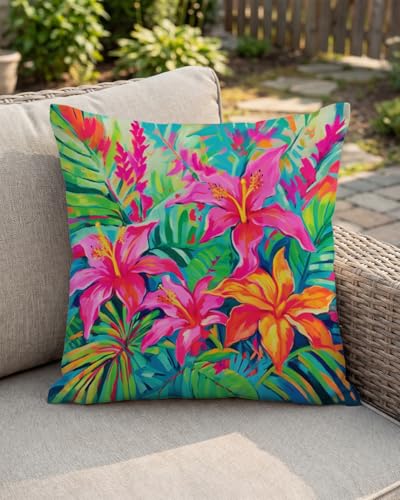 Pink Orange Tropical Pillow Cover 18x18 - Hibiscus Floral Cushion