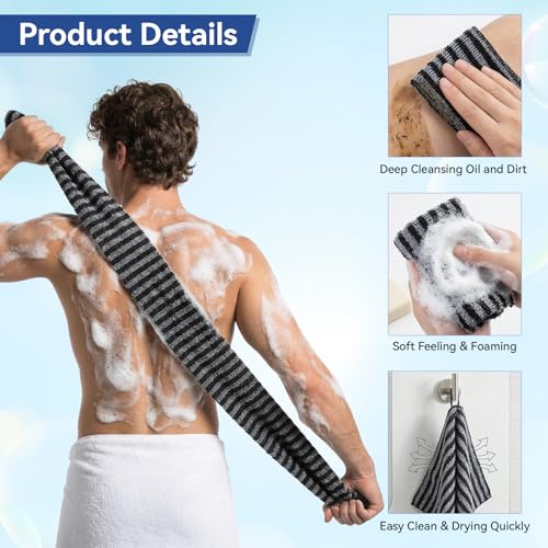 Japanese Exfoliating Shower Towel 2-Pack, 40 Inch Extra Long Body Scrubber