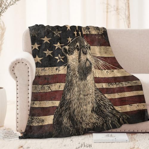 Vintage American Flag Otter Blanket 60x80 in Flannel Throw for Travel Camping Sofa