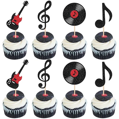 24 PCS Music Notes Cupcake Toppers Design 1 - Glitter Guitar & Vinyl Record Cake Picks