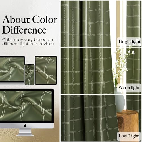 NICETOWN Green Buffalo Plaid Blackout Curtains 96 Inch Long with Rod Pocket & Tabs - Olive Green & White, Pack of 2