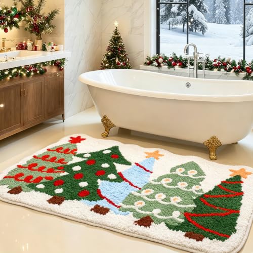 Christmas Bathroom Rugs 30x20 Microfiber Soft Absorbent Floor Mat – Trees Design