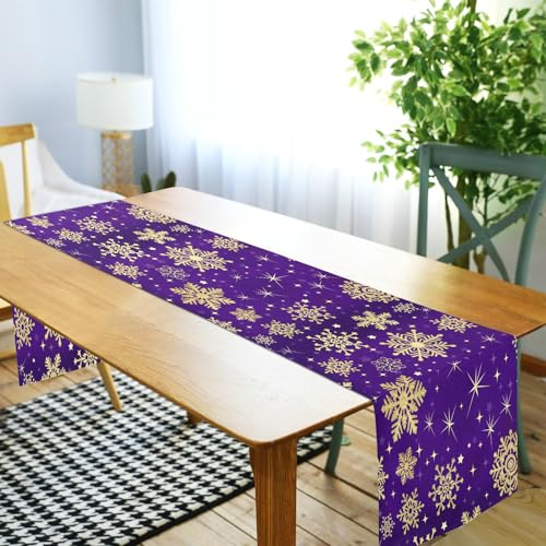 Double-Sided Christmas Table Runner 14x108 Inches Purple Snowflakes Holiday Decor