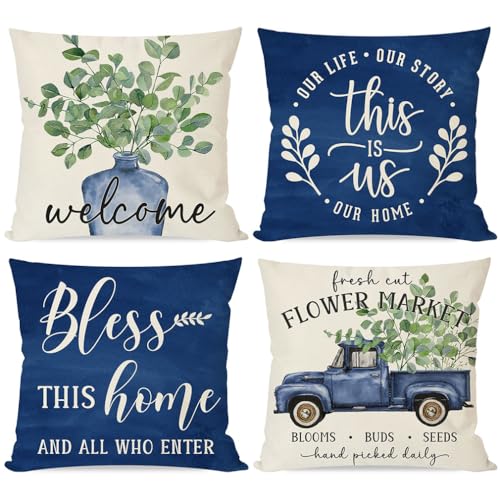 PANDICORN Spring Pillow Covers Set of 4 - Eucalyptus Leaves & Blue Vase - 20x20 Inch Decorative Throw Pillow Cases for Couch & Outdoor Decor
