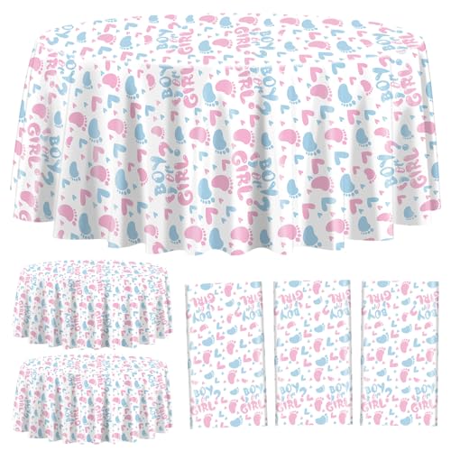 3 Pcs Gender Reveal Party Tablecloths - Round Pink & Blue 84x84
