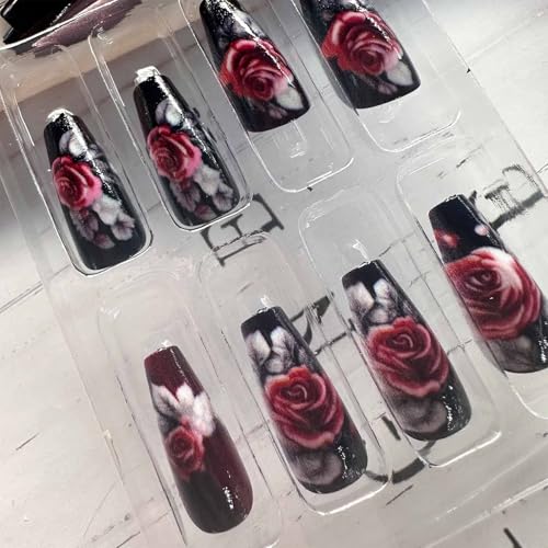 Dark Rose Press on Nails Medium Coffin Wine Red Y2K Acrylic Fake Nails Set