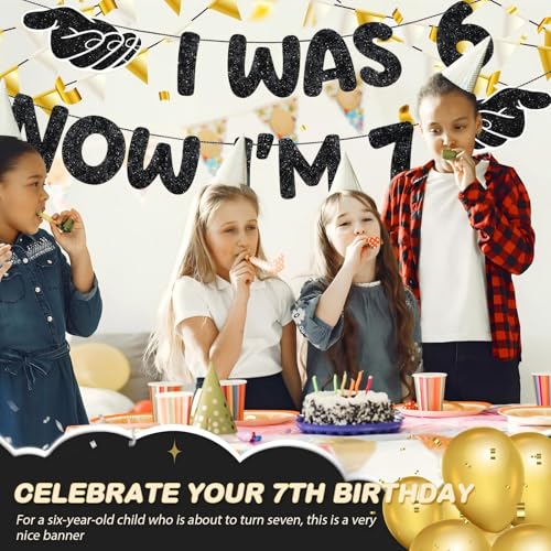 Fulmoon Black 7th Birthday Glitter Banner | Pre-Strung I Was 6 Now I'm 7