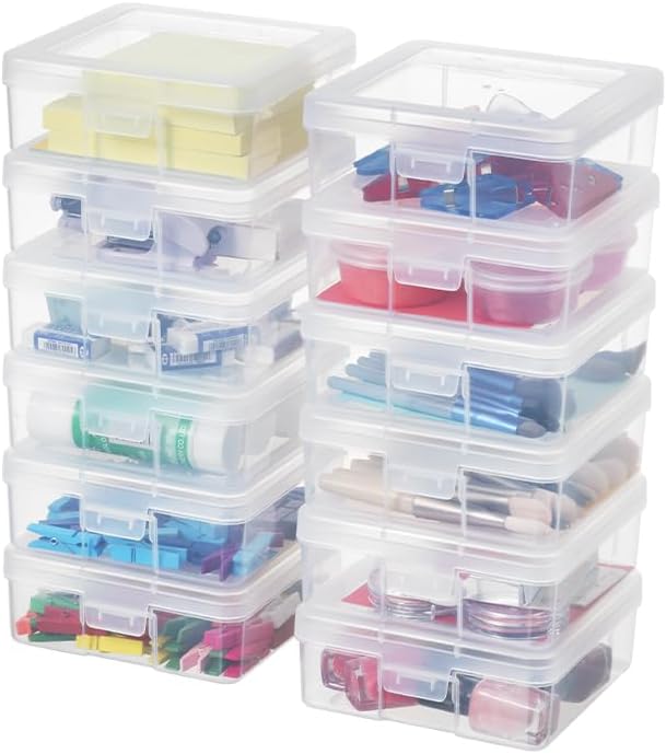 Storage Containers - 12 Pack Clear Plastic Boxes with Latching Lid | Small 5" x 5" x 1.9" for Office & Beauty