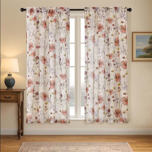 OVZME Crushed Floral Sheer Curtains - 2 Panels, 63 Inch Length