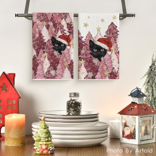 Pink Black Cat Christmas Kitchen Towels Set of 2 - 18x26 Inches