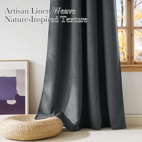 NICETOWN Faux Linen Room Darkening Curtains 42"W x 63"L, Charcoal Gray - 2 Panels