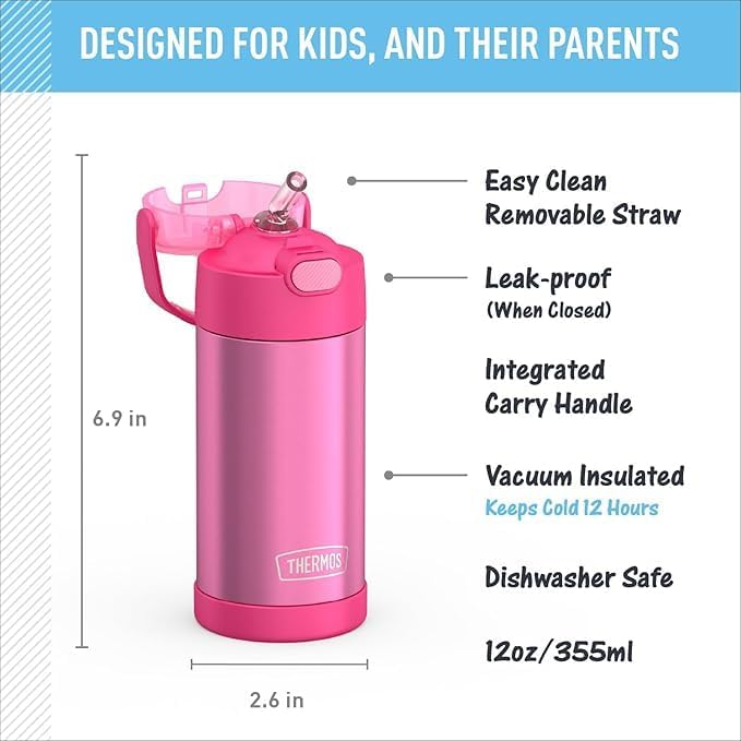 THERMOS FUNTAINER Water Bottle - 12 Ounce Kids Stainless Steel Vacuum Insulated - Pink