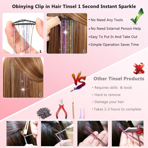 Hair Tinsel Clip In Extensions 20.5 Inch Glitter Fairy Hair 18 Pcs Silver