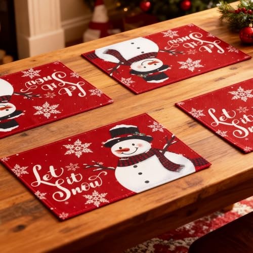 Christmas Snowman Placemats Set of 4 & Table Runner - Holiday Kitchen Decor