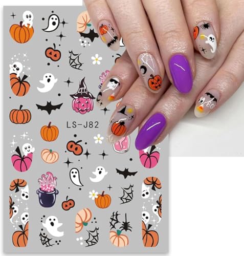 LETSWIN 3D Halloween Nail Stickers - Self-Adhesive Ghost, Bat & Pumpkin Art Decals