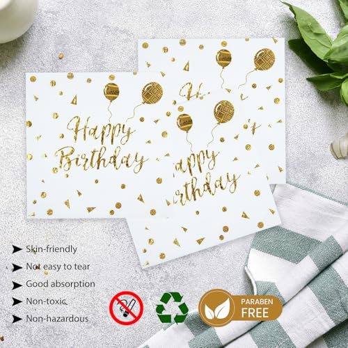 Happy Birthday Paper Plates and Napkins Set, White and Gold, 50PCS