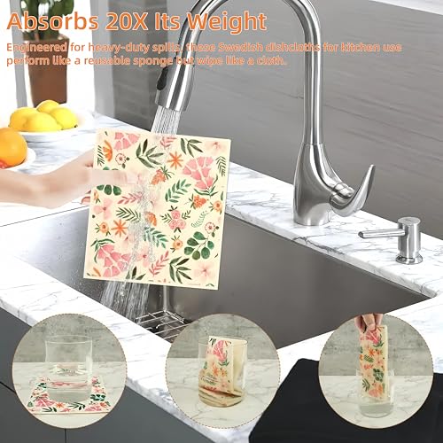 Swedish Dishcloths - 6 Pack Reusable Floral Cleaning Towels for Kitchen
