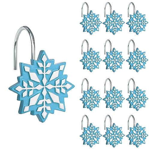 Sunlit Blue/White Snowflake Christmas Shower Curtain Hooks - 12 Pack