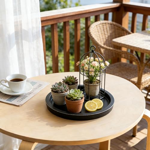 11-Inch Round Decorative Wood Tray - Matte Black Farmhouse Coffee Table Decor